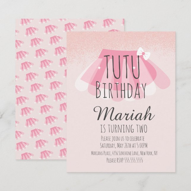 Invitación Cumpleaños de Tutú Niña Rosa Falso Brillo  (Anverso / Reverso)