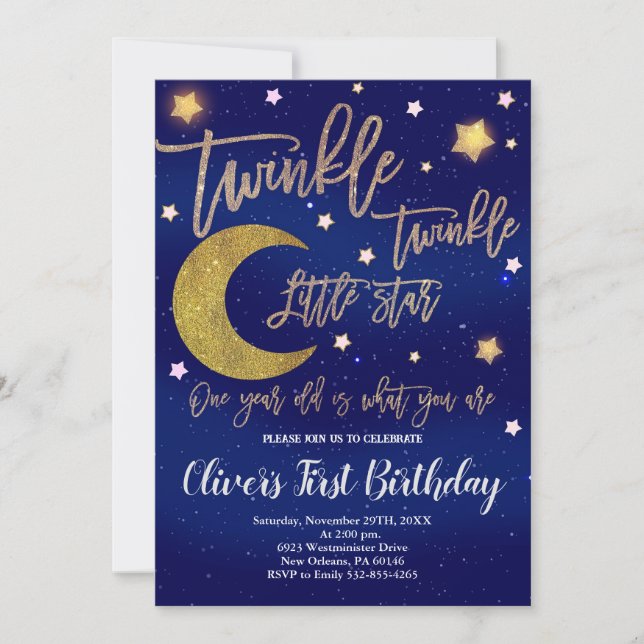 Invitación Cumpleaños de Twinkle Twinkle, Luna y estrellas (Anverso)