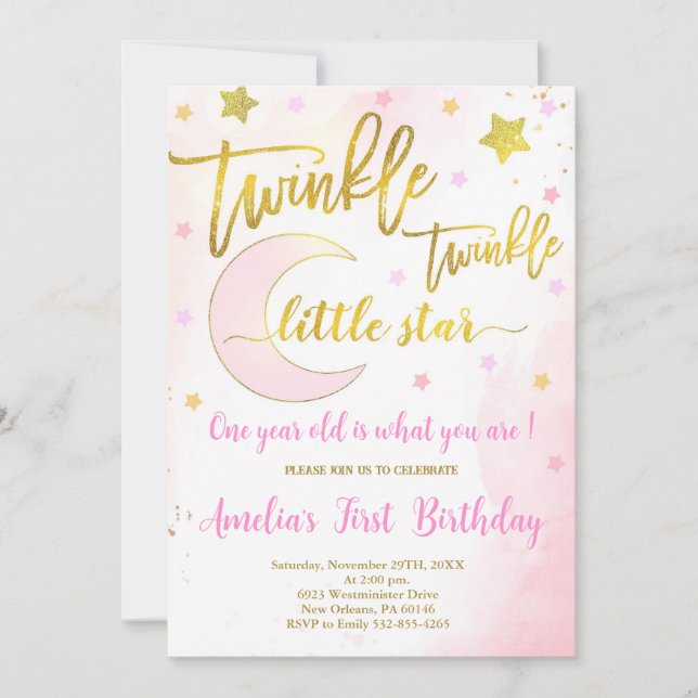 Invitación Cumpleaños de Twinkle Twinkle, Luna y estrellas (Anverso)