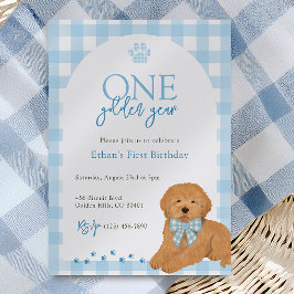 Invitación Cumpleaños de un año de perro Goldendoodle azul