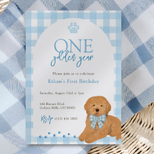 Invitación Cumpleaños de un año de perro Goldendoodle azul