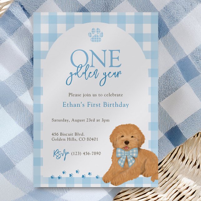 Invitación Cumpleaños de un año de perro Goldendoodle azul (Subido por el creador)