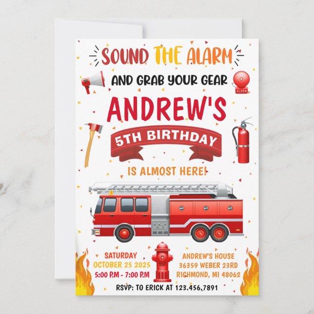 Invitación Cumpleaños de un camión de bomberos moderno person (Anverso)