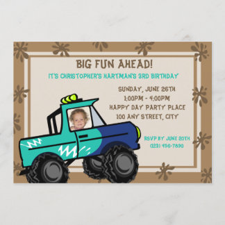 Invitación Cumpleaños de un camión divertido con cuatro rueda