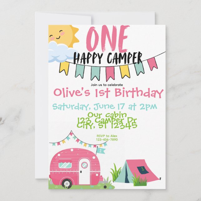 Invitación Cumpleaños de un Chica de Camper Feliz (Anverso)