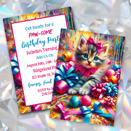 Invitación Cumpleaños de un Chica Gatito Azul y Rosa