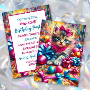 Invitación Cumpleaños de un Chica Gatito Azul y Rosa