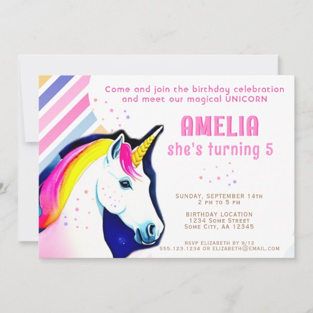 Invitación Cumpleaños de un Chica mágico de unicornio (Anverso)