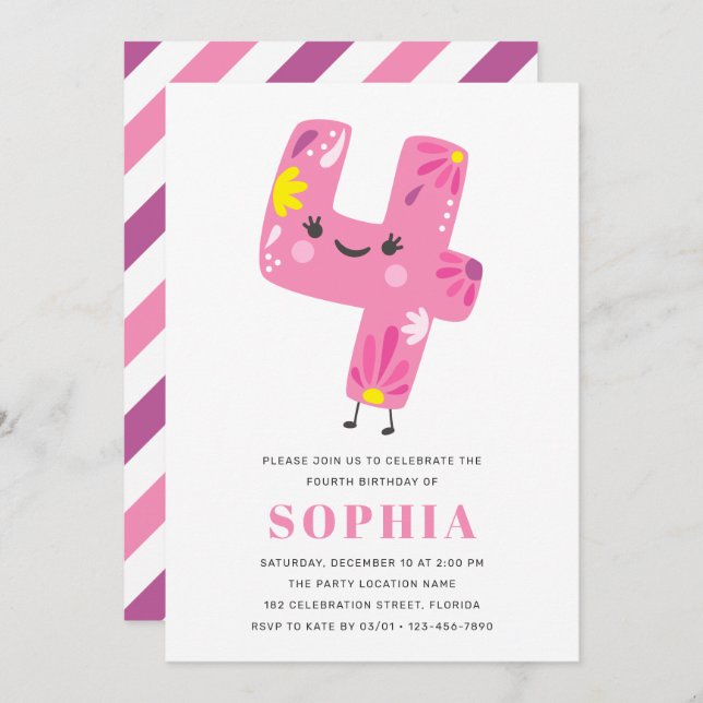 Invitación Cumpleaños de un Chica rosado moderno - cuarto cum (Anverso / Reverso)