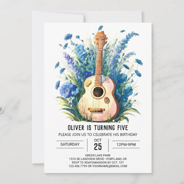 Invitación Cumpleaños de un chico con guitarra caprichosa (Anverso)
