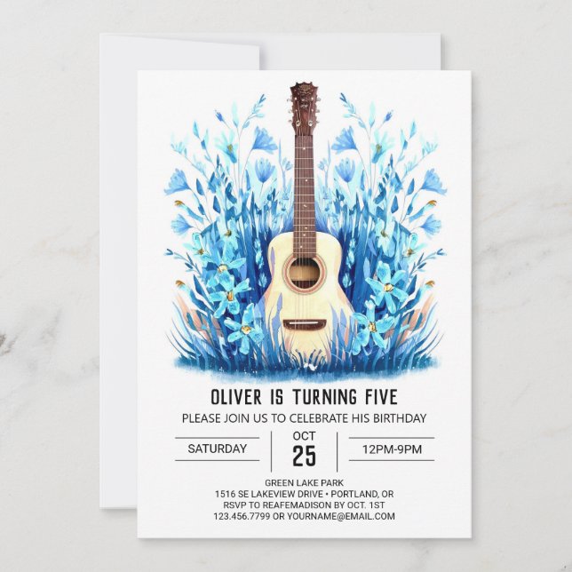 Invitación Cumpleaños de un chico de guitarra capricho en lín (Anverso)