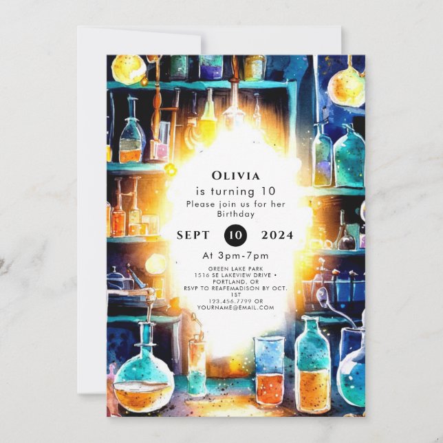 Invitación Cumpleaños de un científico de química divertida (Anverso)