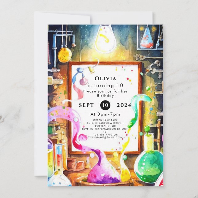 Invitación Cumpleaños de un científico de química infantil en (Anverso)