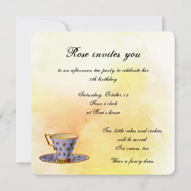 Invitación Cumpleaños de un Fiesta de té para niñas (Anverso)