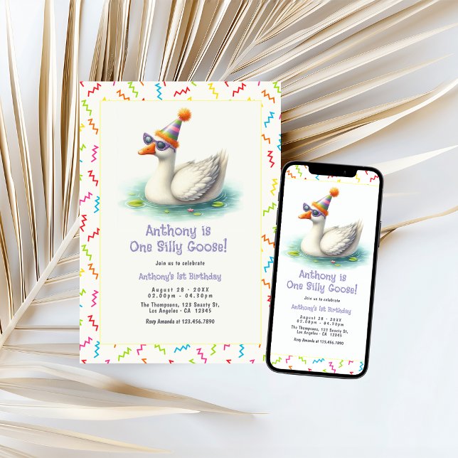 Invitación Cumpleaños de Un Ganso Tonto (One Silly Goose First Birthday Party Invitation)