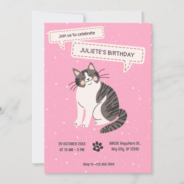 Invitación Cumpleaños de un gato bonito (Anverso)