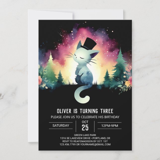 Invitación Cumpleaños de un Gato con Cuta Encantada (Anverso)