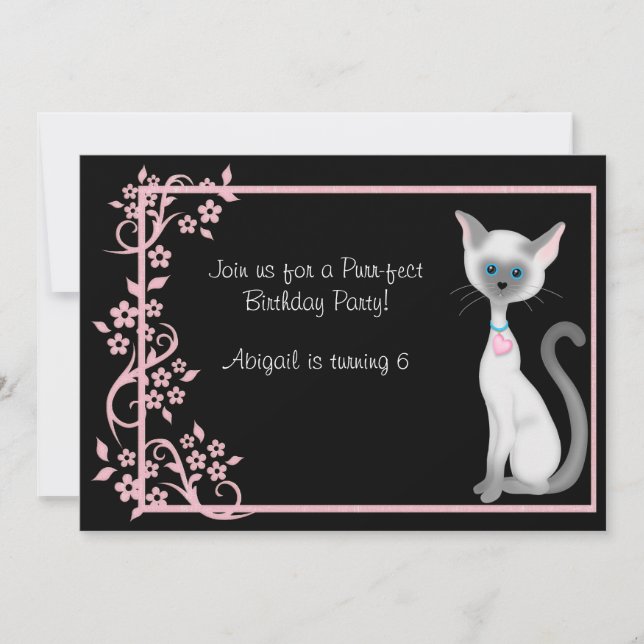Invitación Cumpleaños de un gato gatito y flores rosadas (Anverso)