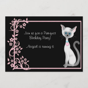 Invitación Cumpleaños de un gato gatito y flores rosadas
