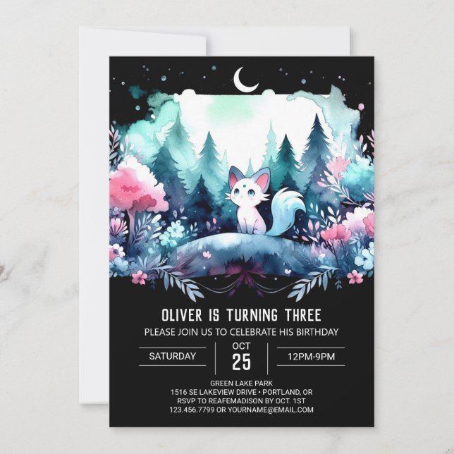 Invitación Cumpleaños de un gato pequeño y soñado (Anverso)