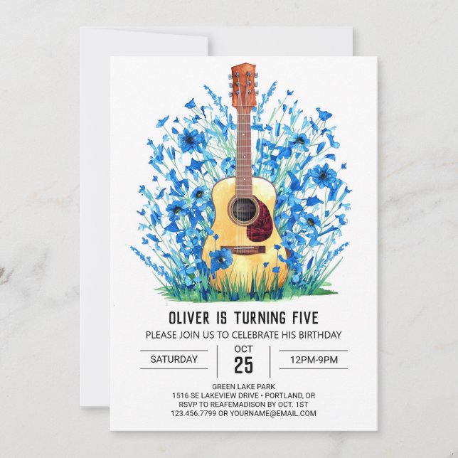 Invitación Cumpleaños de un joven guitarrista musical (Anverso)