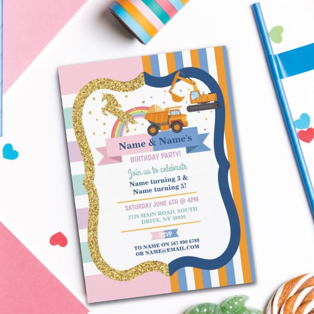 Invitación Cumpleaños de un niño Chica de Unicornio y Constru (Subido por el creador)