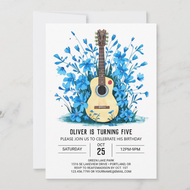 Invitación Cumpleaños de un niño con guitarra acústica en lín (Anverso)