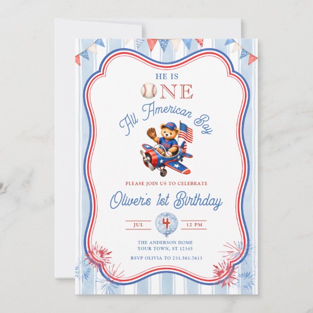Invitación Cumpleaños de un niño totalmente americano (Anverso)