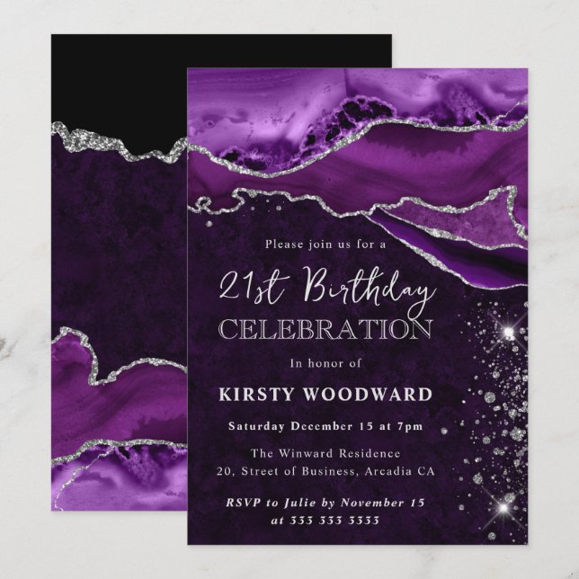Invitación Cumpleaños de un Purpurina morado y plateado (Anverso / Reverso)