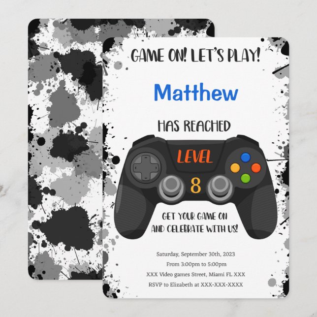 Invitación Cumpleaños de un videojuego de niño editable (Anverso / Reverso)