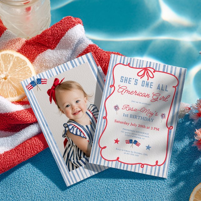 Invitación Cumpleaños de una chica muy americana Rojo Blanco  (All American Girl Red White Blue First Birthday Invitation)