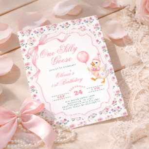 Invitación Cumpleaños de una niña con lazo rosa Un ganso tont