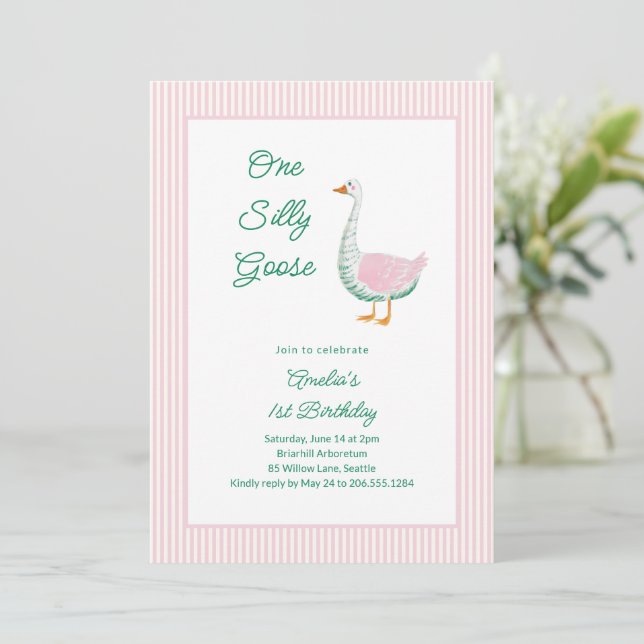 Invitación Cumpleaños de una niña con un ganso tonto de raya  (Anverso de pie)