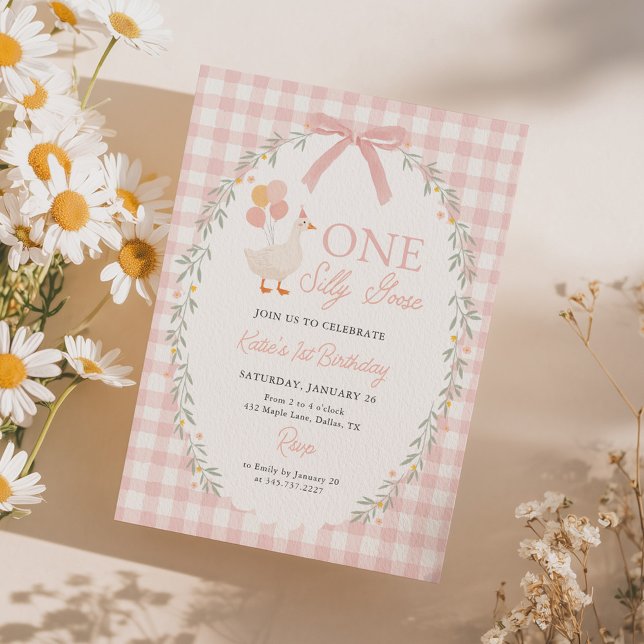 Invitación Cumpleaños de una niña tonta gansa con gingham ros (Subido por el creador)