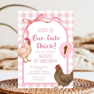 Invitación Cumpleaños de una pollita linda con cuadros rosa e