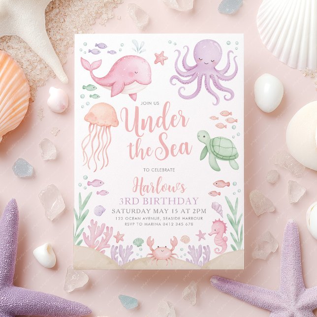 Invitación Cumpleaños de Under the Sea Chica (Under the Sea Birthday Invitation | Girl's ocean animal birthday invite in purple and pink)