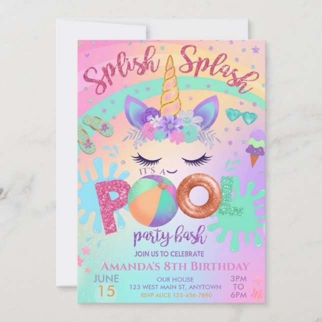 Invitación Cumpleaños de Unicorn Float Splish Splash Pool Par (Anverso)