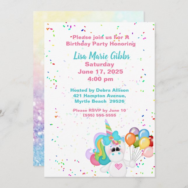 Invitación Cumpleaños de Unicorn Holding Balloons (Anverso / Reverso)