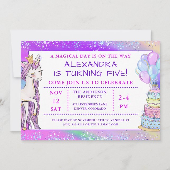 Invitación Cumpleaños de Unicorn para chicas (Anverso)