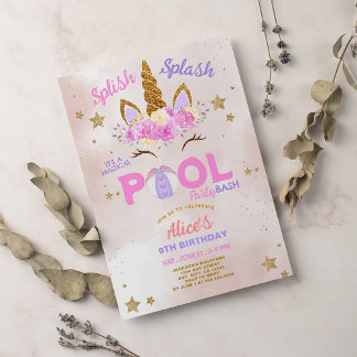 Invitación Cumpleaños de Unicorn Pool Fiesta Splish Splash