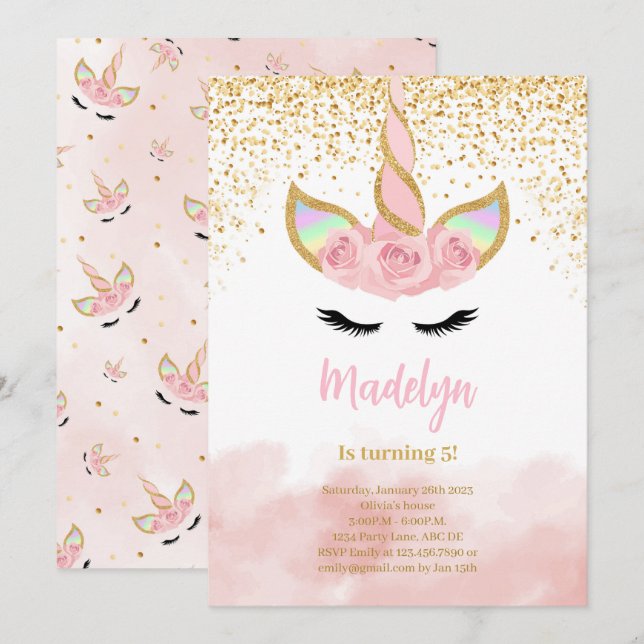 Invitación Cumpleaños de Unicorn, Purpurina Cute Gold (Anverso / Reverso)