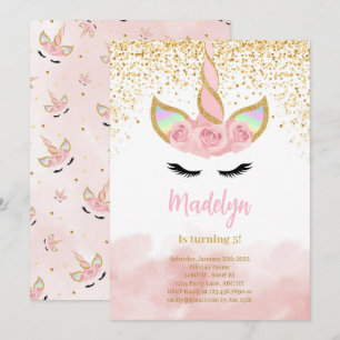Invitación Cumpleaños de Unicorn, Purpurina Cute Gold