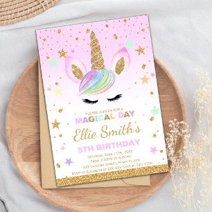 Invitación Cumpleaños de Unicorn, Purpurina de Oro personaliz