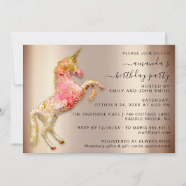Invitación Cumpleaños de Unicorn, Purpurina de Oro Rosa Rosa