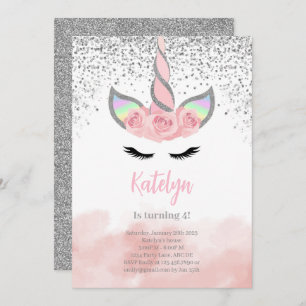 Invitación Cumpleaños de Unicorn, Purpurina de Plata Cuta