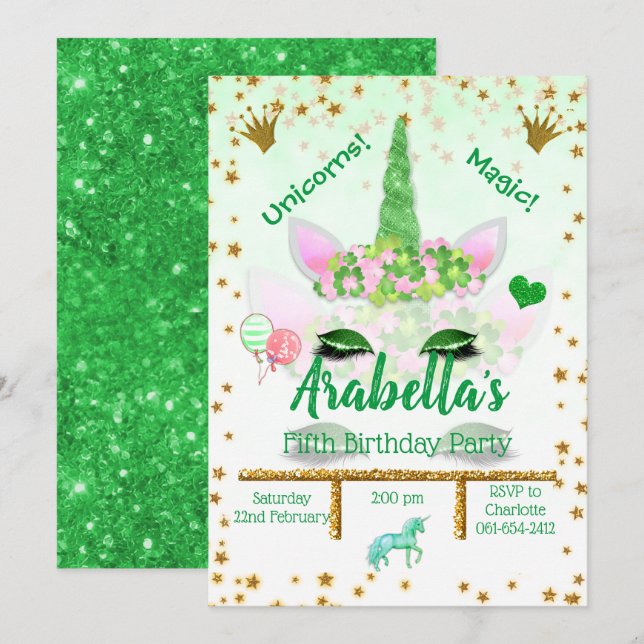 Invitación Cumpleaños de Unicorn, Purpurina Verde Personaliza (Anverso / Reverso)
