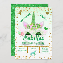 Invitación Cumpleaños de Unicorn, Purpurina Verde Personaliza