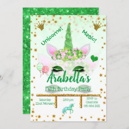 Invitación Cumpleaños de Unicorn, Purpurina Verde Personaliza