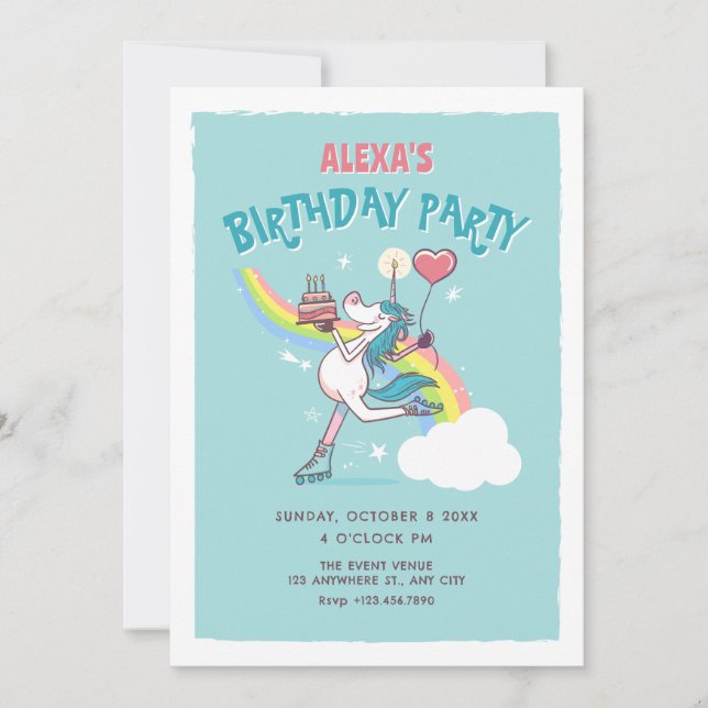 Invitación cumpleaños de unicorn roller skates (Anverso)
