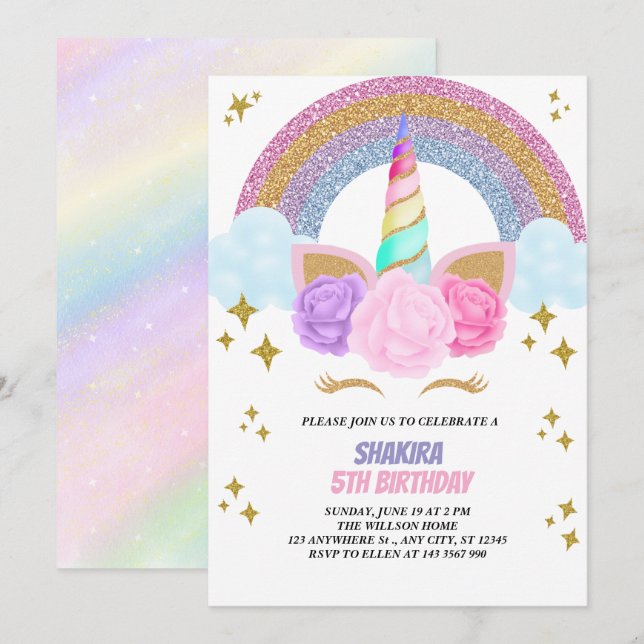 Invitación Cumpleaños de Unicornio (Anverso / Reverso)